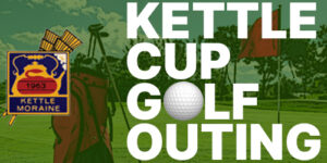 Kettle Cup Golf Outing Golf course background with Kettle Moraine Curling Clug logo promoting the Kettle Cup Golf Outing