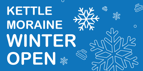 Snowflakes and curling stones on a blue background with text 'KMCC Winter Open'